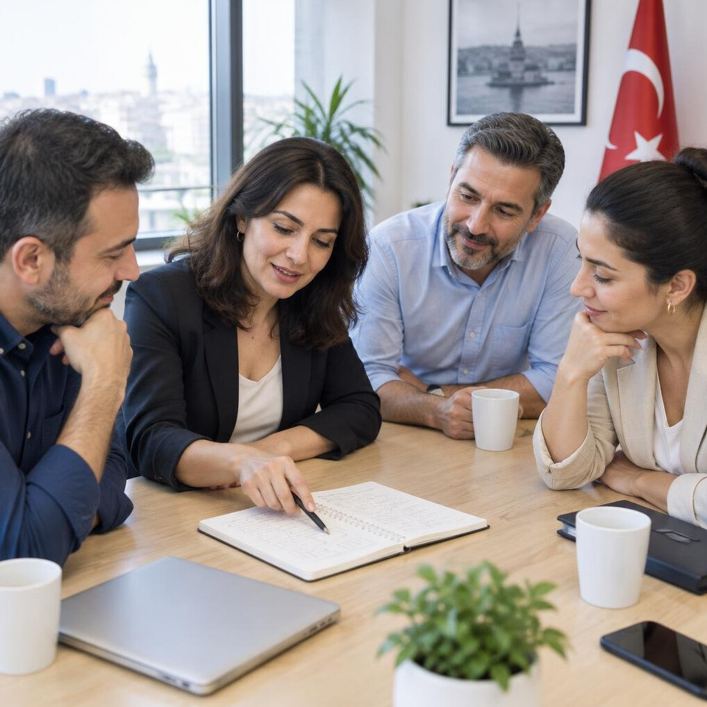 Team members discussing ideas in a bright meeting room