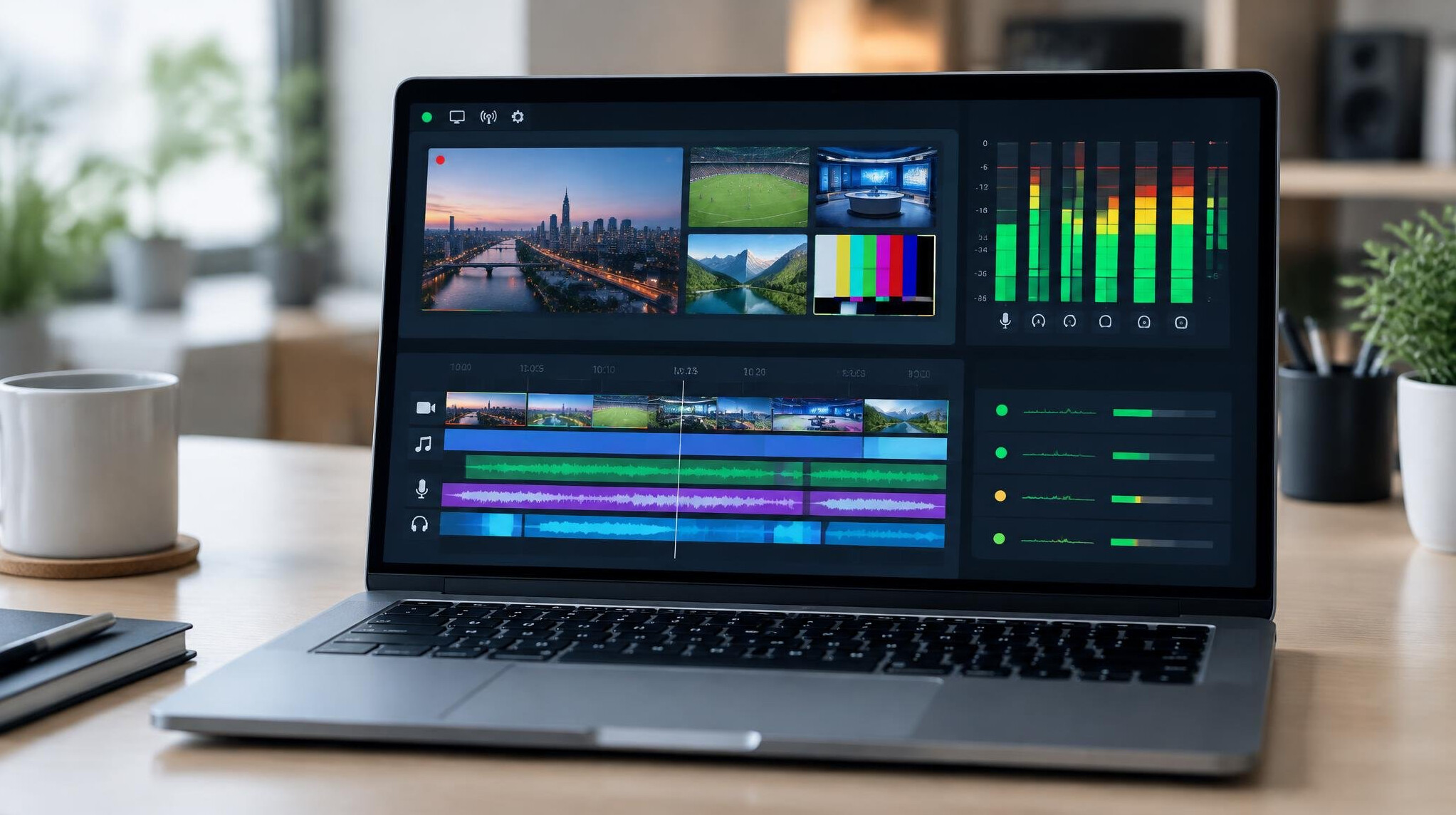 Laptop showing broadcast monitoring dashboard on a desk