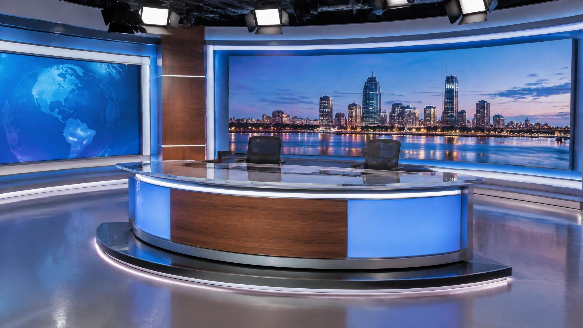 Empty modern television news studio with anchor desk and lights