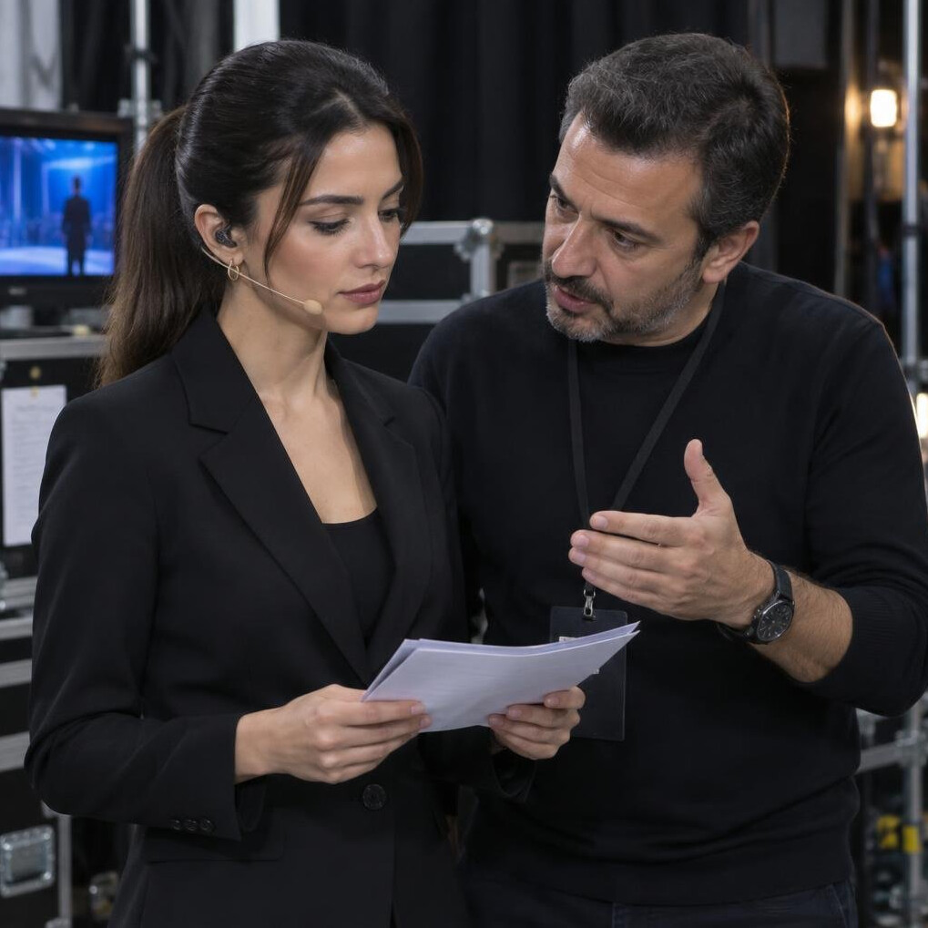 Presenter being coached with notes before a presentation