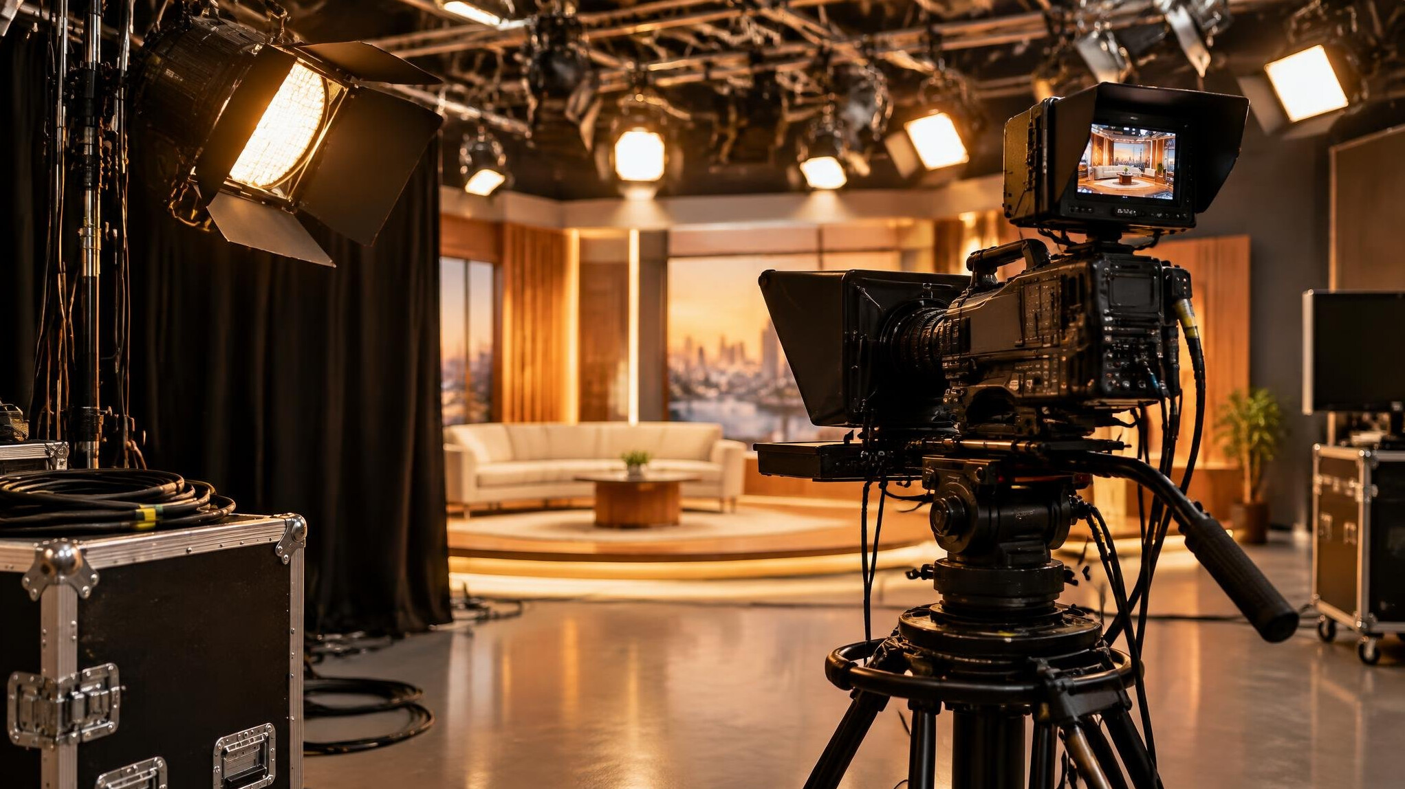 Backstage television lighting rig and cameras