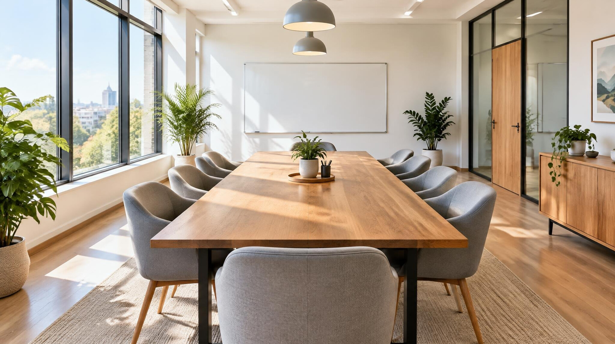 Bright meeting room with a long table and chairs