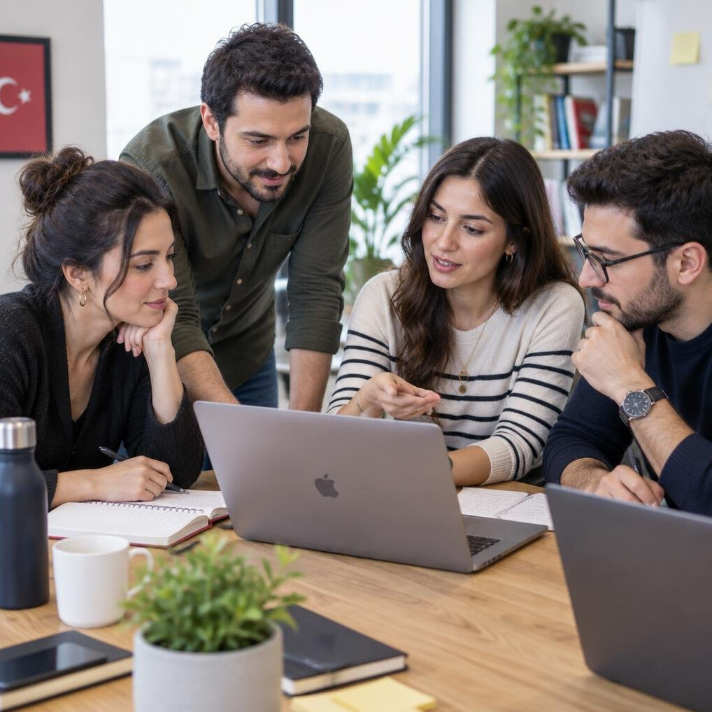 Colleagues collaborating around a table with laptops